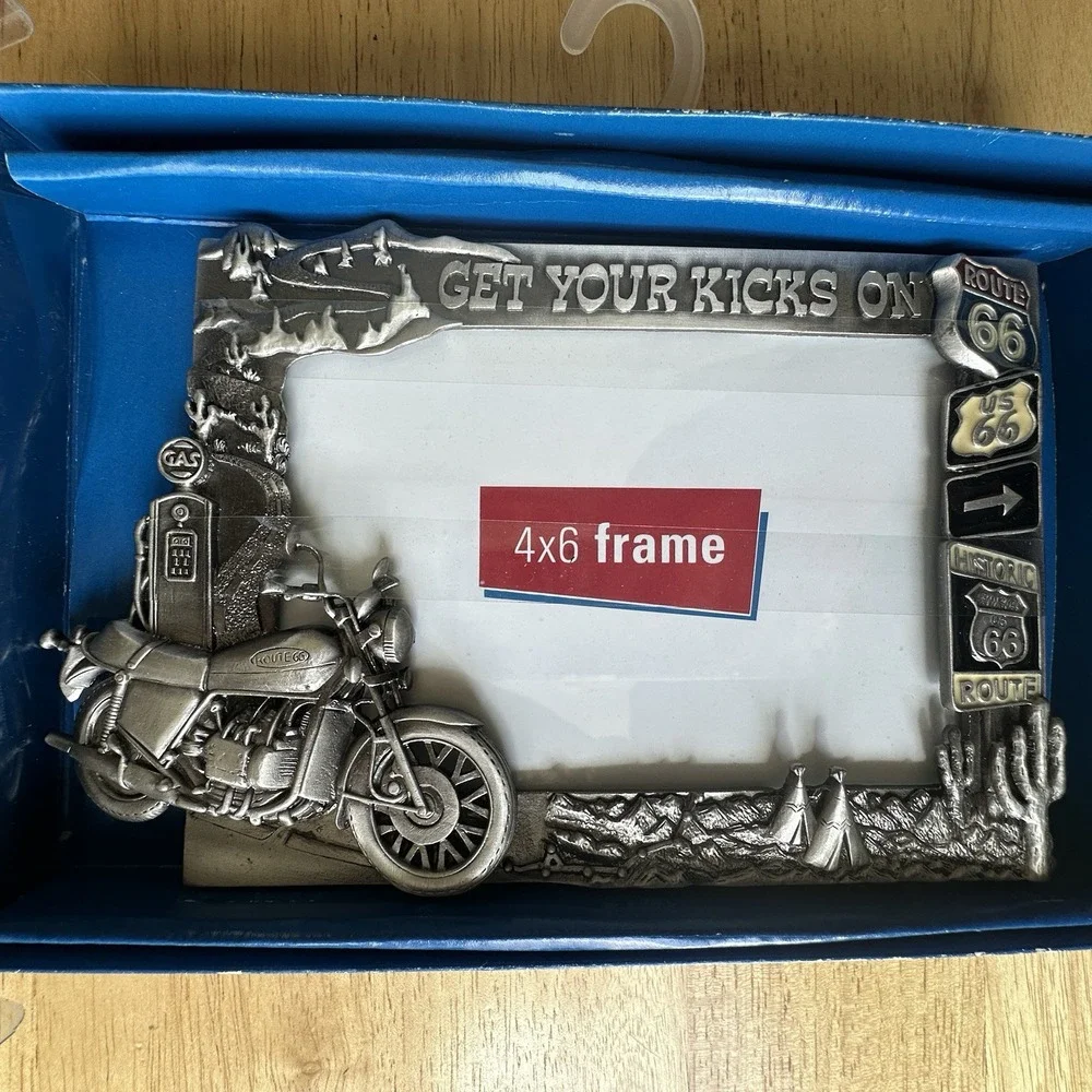 VTG Route 66 Motorcycle Frame Pewter 4x6 Photo 3D Cactus Signs Get Your Kicks On